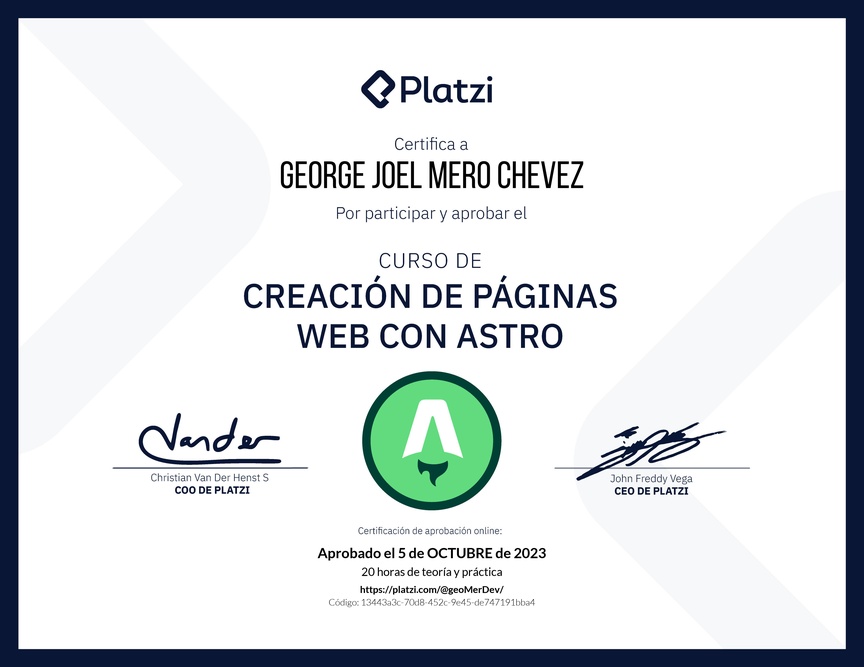 Diploma del Curso de Creación de Páginas Web con Astro