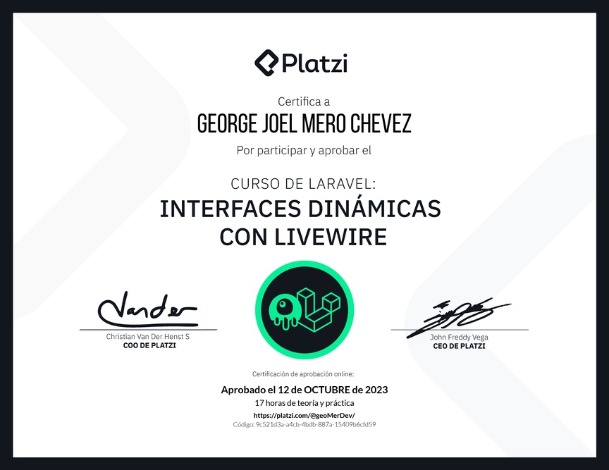 Diploma del Curso de Interfaces Dinámicas con Laravel Livewire