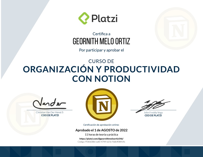 Diploma del Curso de Organización y Productividad con Notion (2021)