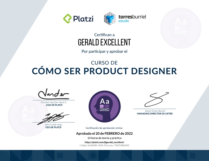 Diploma del Curso de Cómo Ser Product Designer