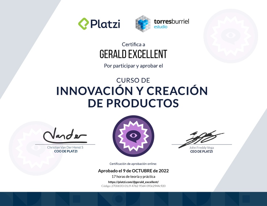 Diploma del Curso de Innovación y Creación de Productos