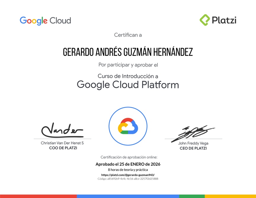 Diploma del Curso de Introducción a Google Cloud Platform