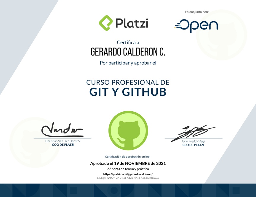 Diploma del Curso Profesional de Git y GitHub