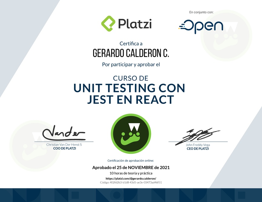 Diploma del Curso de Unit Testing con Jest en React