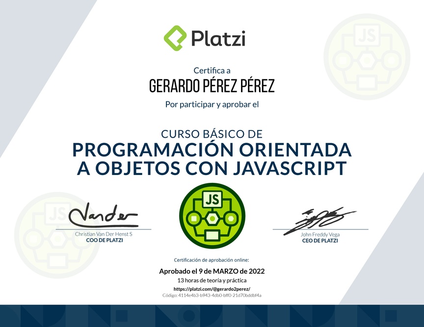 Diploma del Curso Básico de Programación Orientada a Objetos con JavaScript
