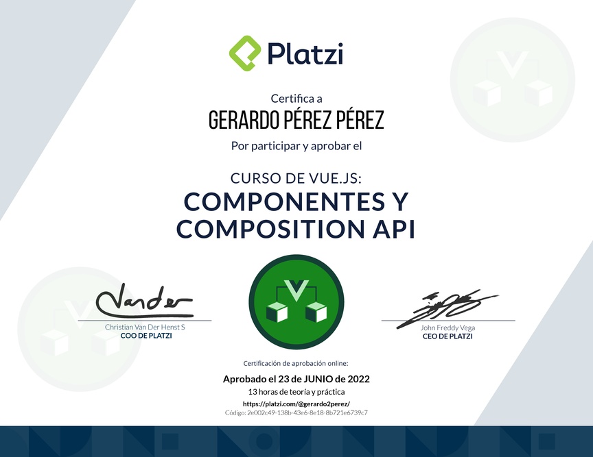 Diploma del Curso de Vue.js: Componentes y Composition API