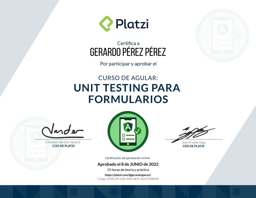 Diploma del Curso de Angular: Unit Testing para Formularios