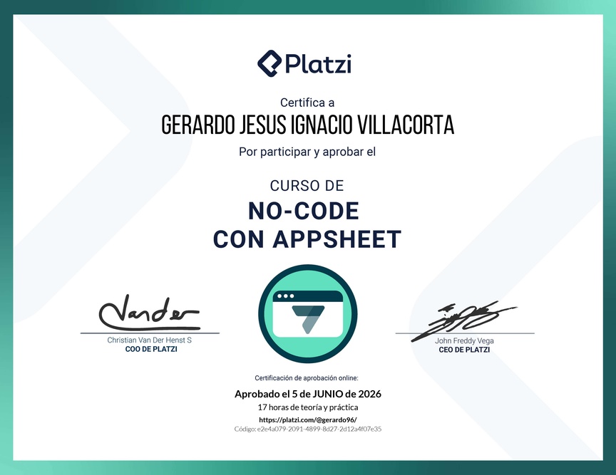 Diploma del Curso de No-Code con Appsheet