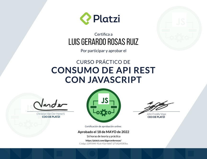 Diploma del Curso de API REST con Javascript: Ejemplos con APIs reales