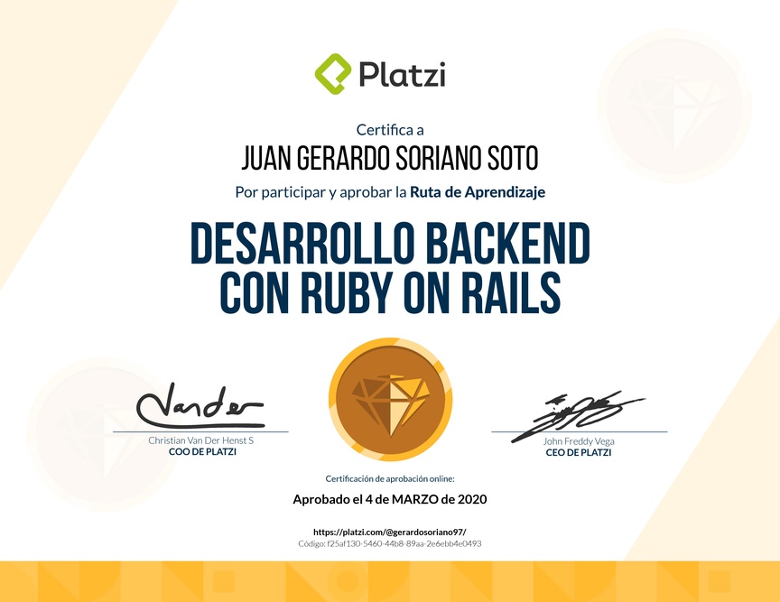 Diploma de la Ruta de Aprendizaje de Desarrollo Web Backend con Ruby on Rails