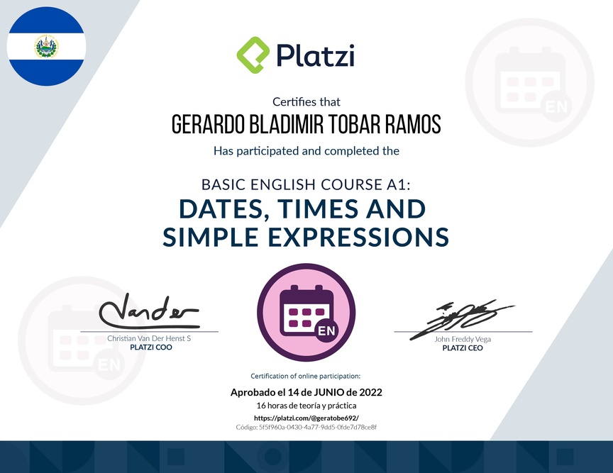 Diploma del Curso de Inglés Básico A1: Fechas, Horas y Expresiones Simples