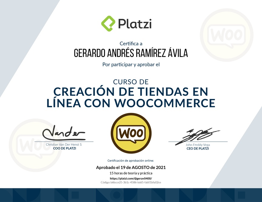 Diploma del Curso de Creación de Tiendas en Línea con WooCommerce