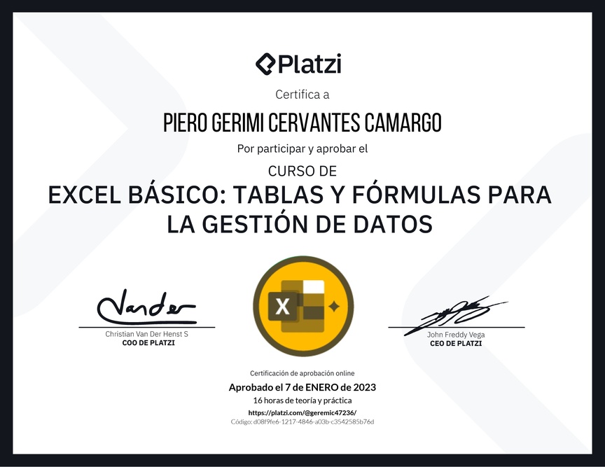 Diploma del Curso de Excel Básico: Tablas y Fórmulas para la Gestión de Datos