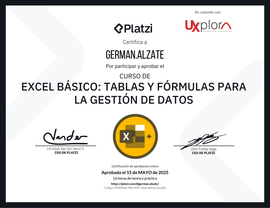 Diploma del Curso de Excel Básico: Tablas y Fórmulas para la Gestión de Datos