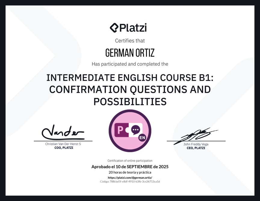 Diploma del Curso de Inglés Intermedio B1: Preguntas de Confirmación y Posibilidades