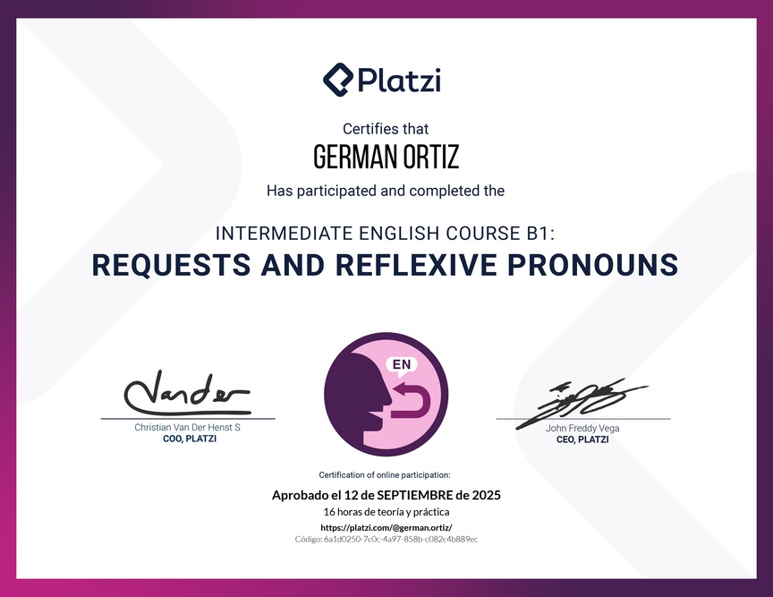 Diploma del Curso de Inglés Intermedio B1: Solicitudes y Pronombres Reflexivos