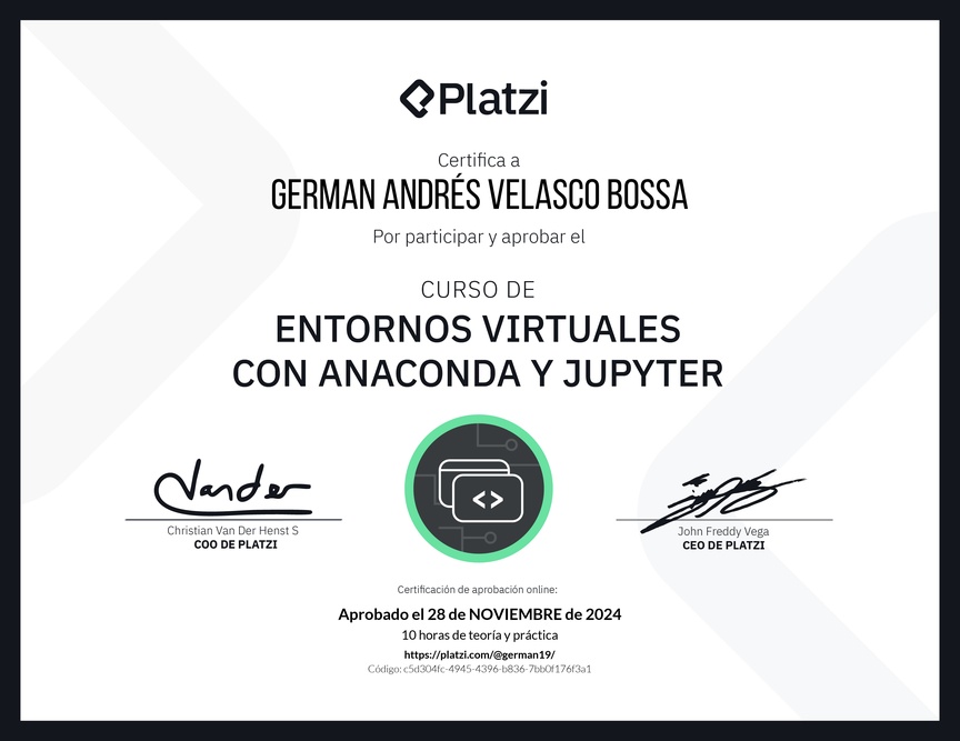 Diploma del Curso de Entornos Virtuales con Anaconda y Jupyter