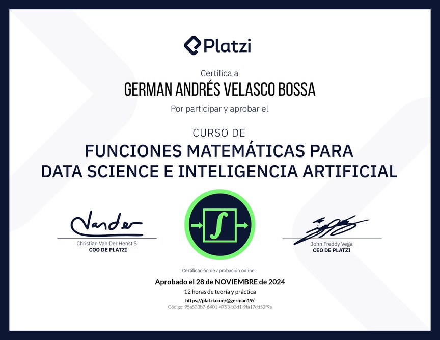 Diploma del Curso de Funciones Matemáticas para Data Science e Inteligencia Artificial