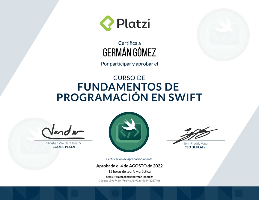 Diploma del Curso de Introducción a Swift (2019)