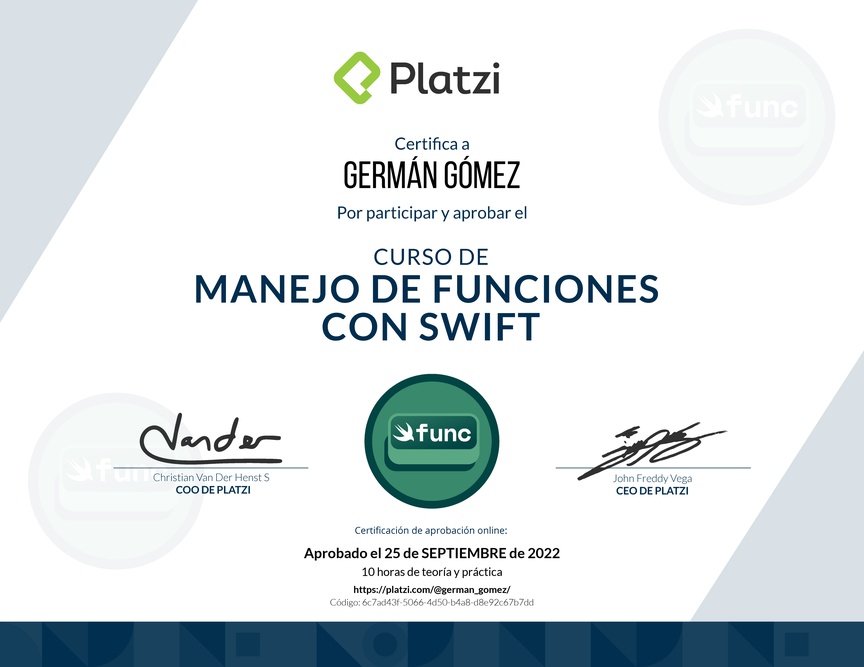 Diploma del Curso de Programación con Swift: Funciones (2019)