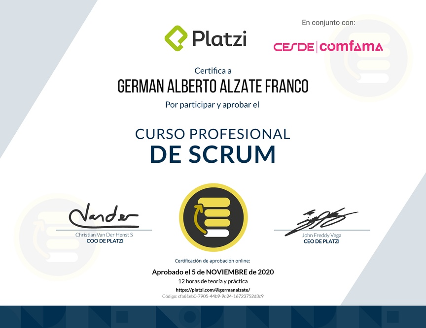 Diploma del Curso Profesional de Scrum
