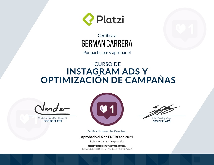 Diploma del Curso de Instagram Ads y Optimización de Campañas 2018