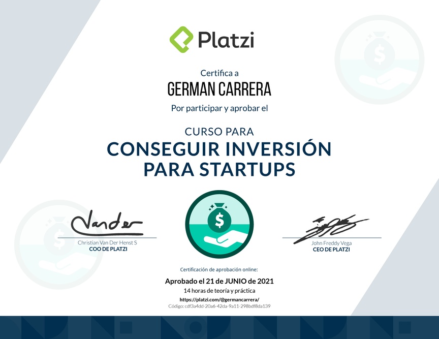 Diploma del Curso para Conseguir Inversión para Startups en Etapa Temprana