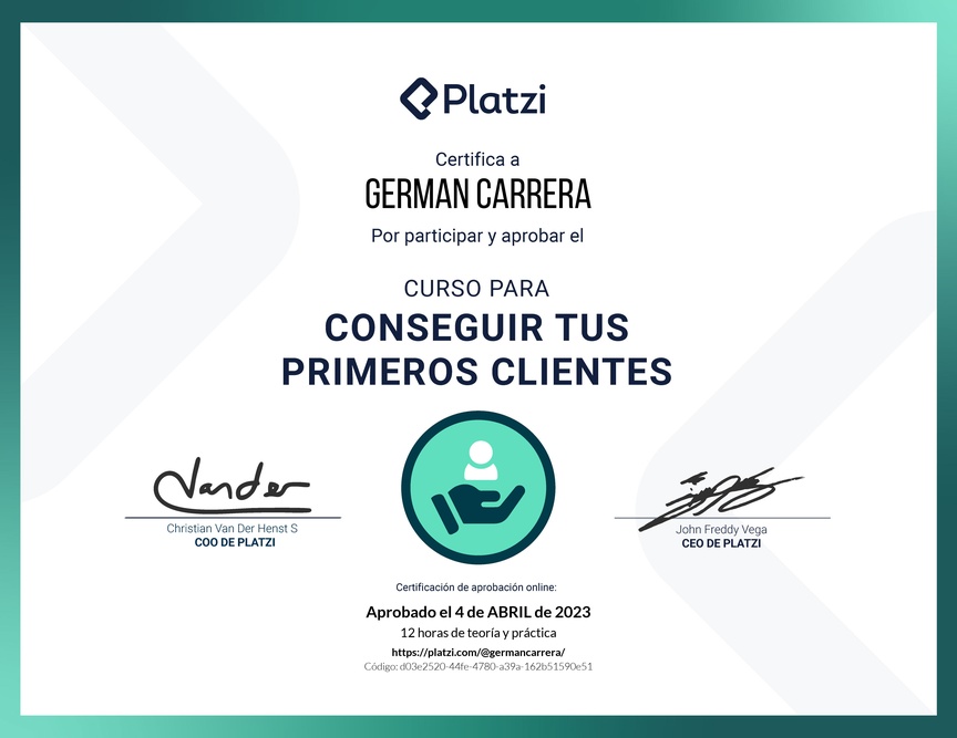 Diploma del Curso de Cómo Conseguir los Primeros Clientes para tu Startup