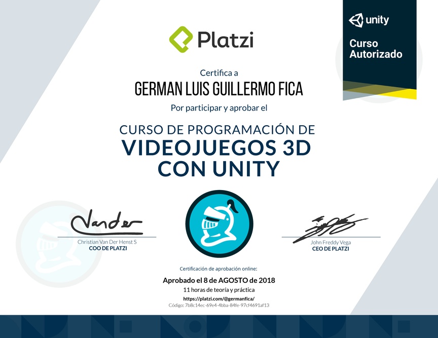 Diploma del Curso de Programación de Videojuegos 3D con Unity - 2017