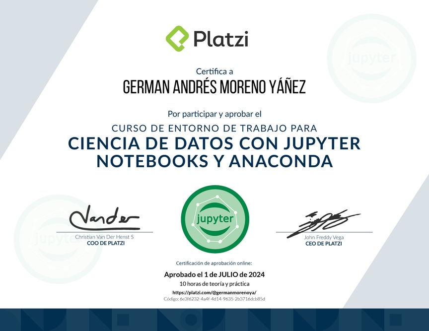 Diploma del Curso de Entorno de Trabajo para Ciencia de Datos con Jupyter Notebooks y Anaconda