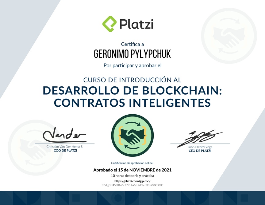Diploma del Curso de Introducción al Desarrollo Blockchain: Smart Contracts