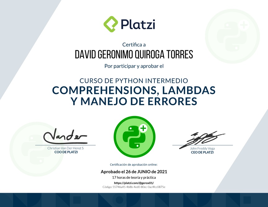 Diploma del Curso de Python Intermedio: Comprehensions, Lambdas y Manejo de Errores