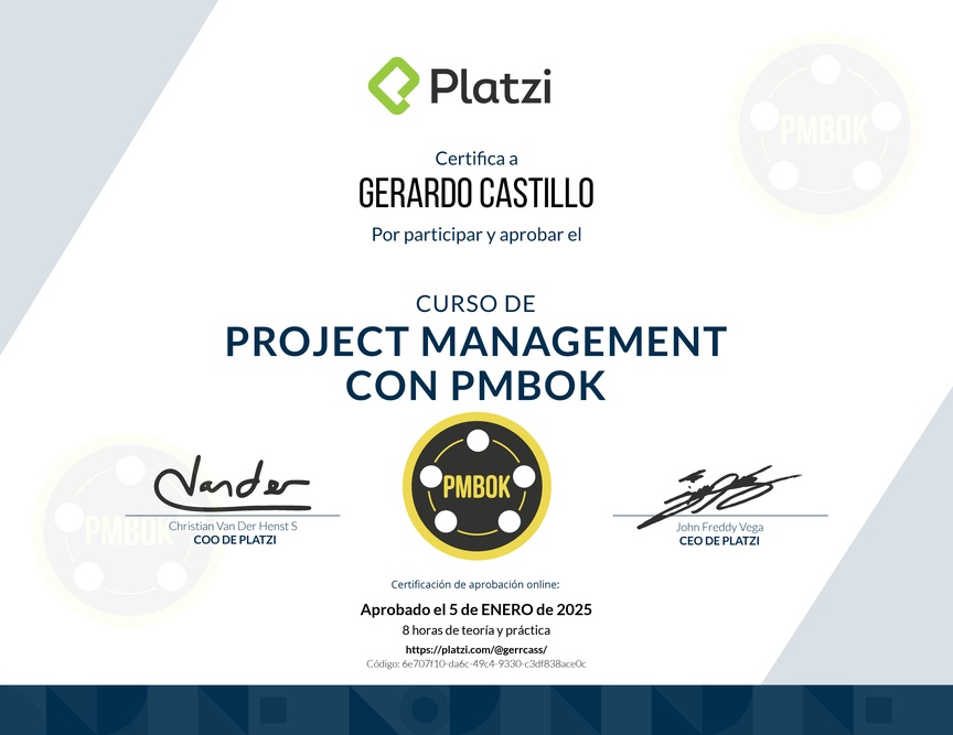Diploma del Curso de Project Management con PMBOK