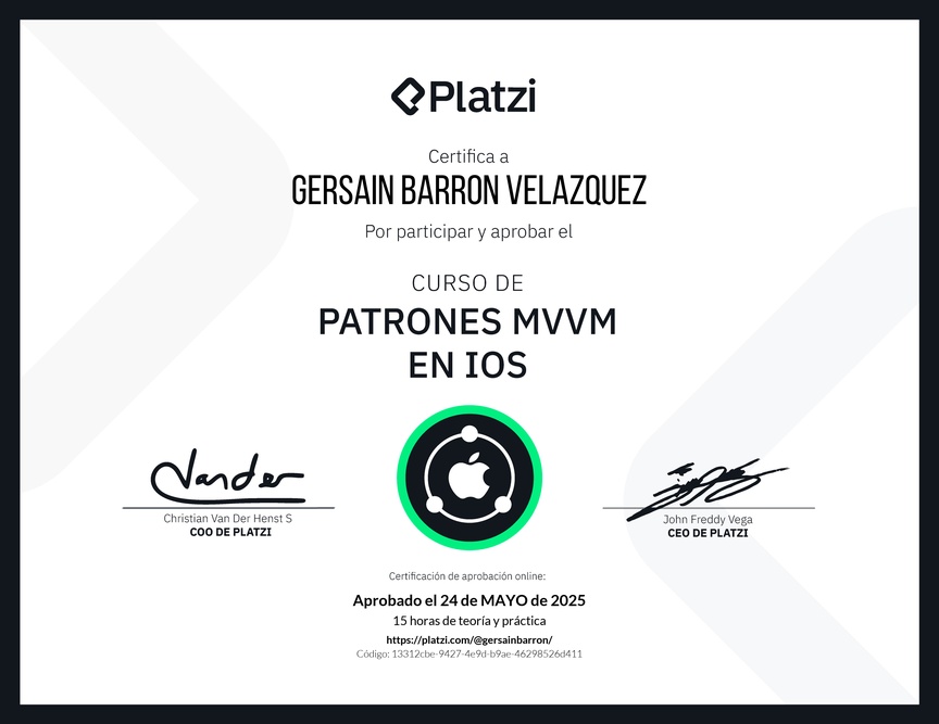 Diploma del Curso de Patrones MVVM en iOS