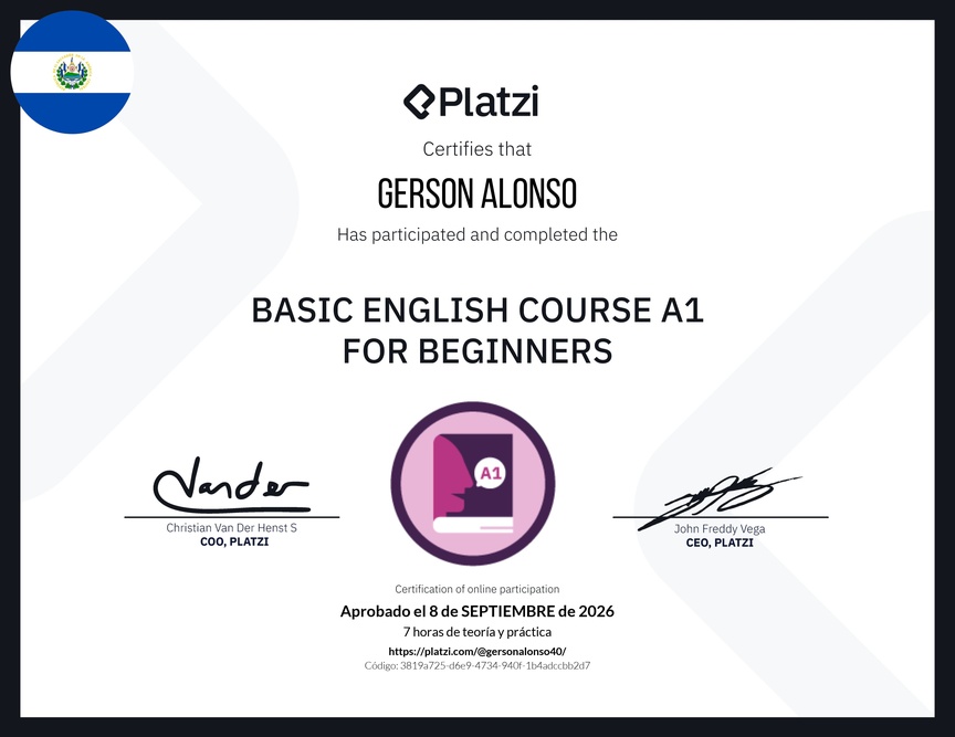 Diploma del Curso de Inglés Básico A1 para Principiantes