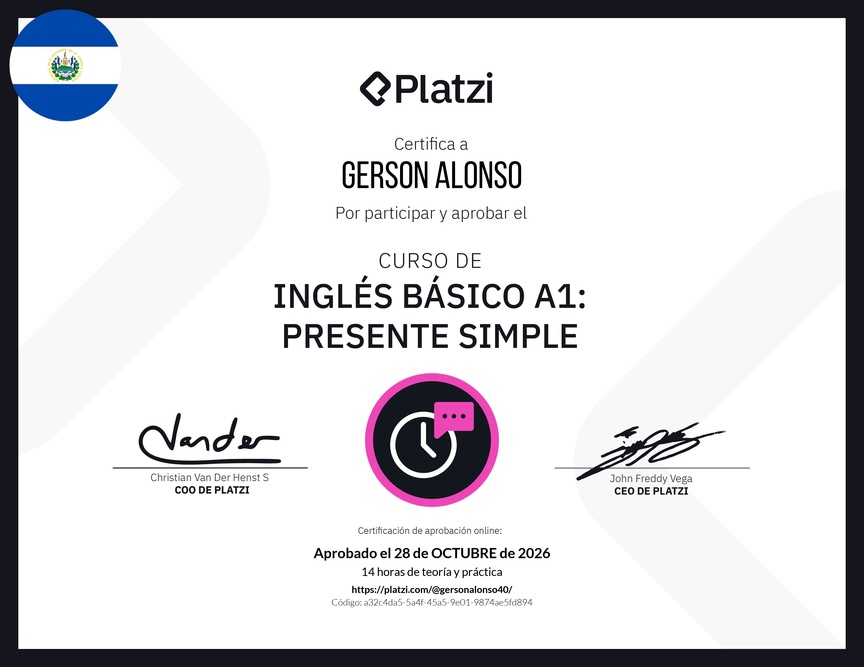 Diploma del Curso de Inglés Básico A1: Presente Simple
