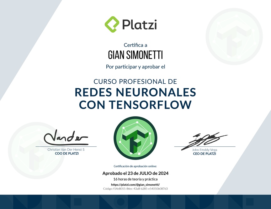 Diploma del Curso Profesional de Redes Neuronales con TensorFlow