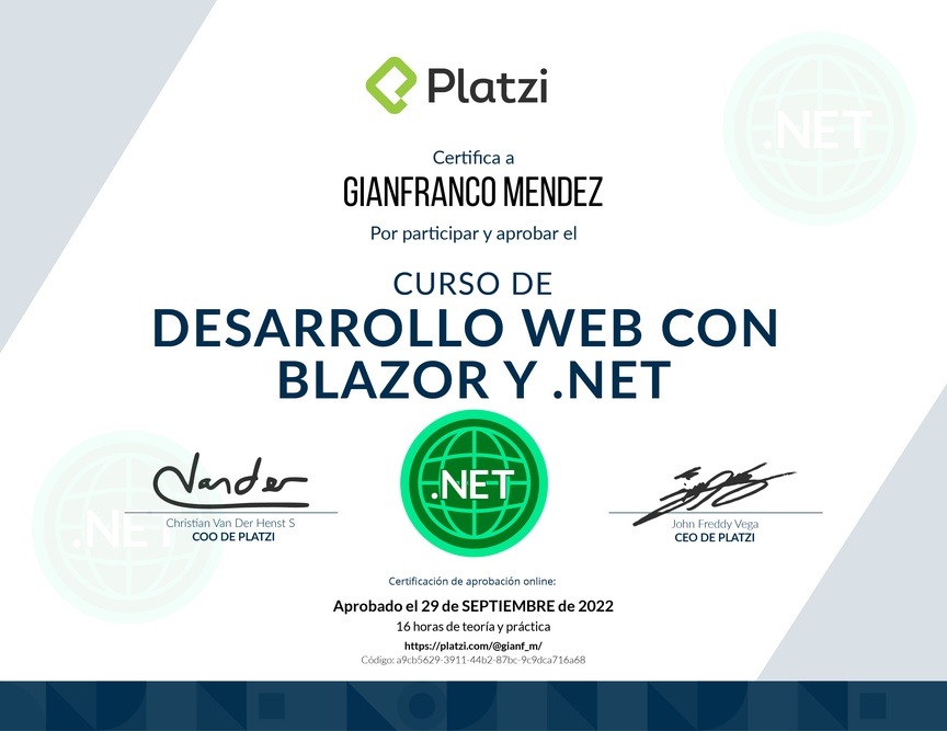 Diploma del Curso de Desarrollo Web con Blazor y .Net Core 3