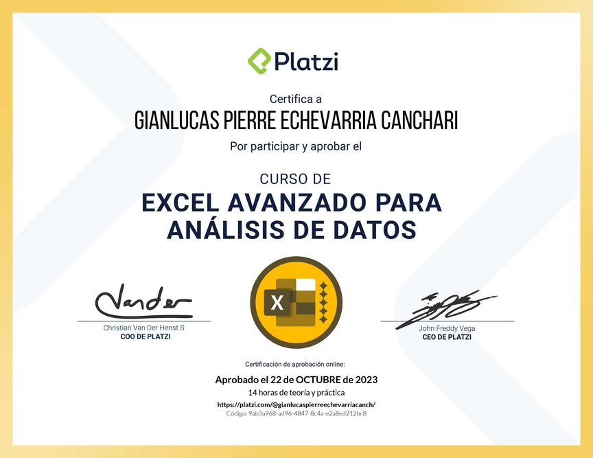 Diploma del Curso de Excel Avanzado para Análisis de Datos