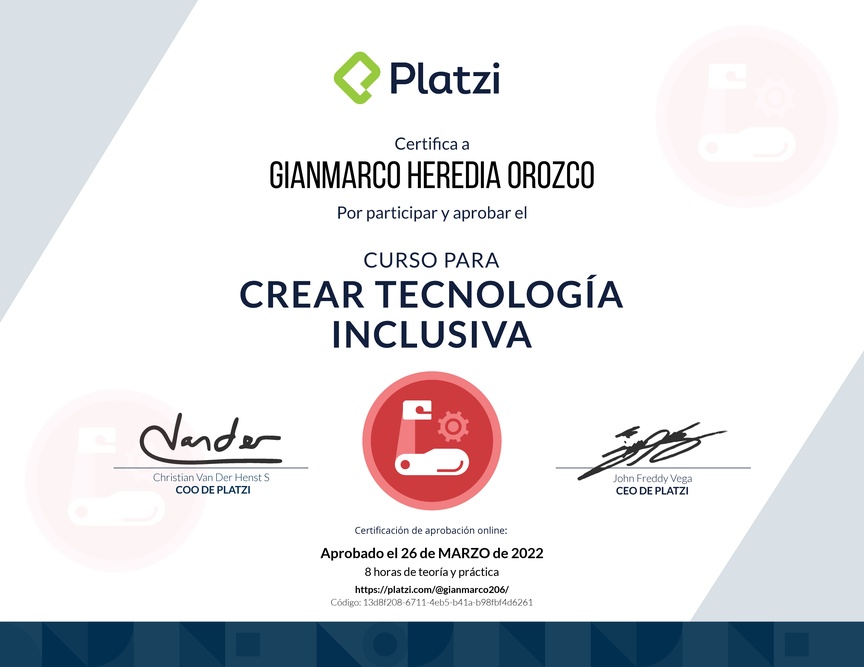 Diploma del Curso de Diseño de Tecnología Inclusiva para Personas en Condición de Discapacidad