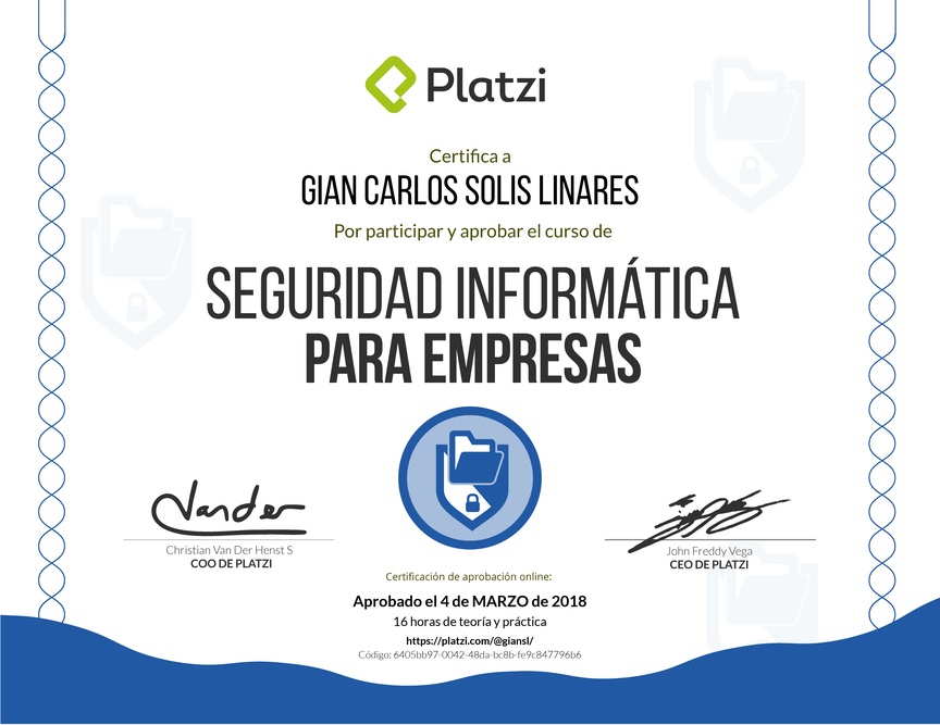 Diploma del Curso de Seguridad Informática para Empresas 2018