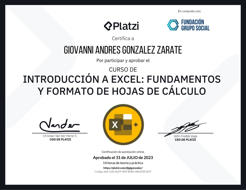 Diploma del Curso de Introducción a Excel para Principiantes: Fundamentos y Formato de Hojas de Cálculo