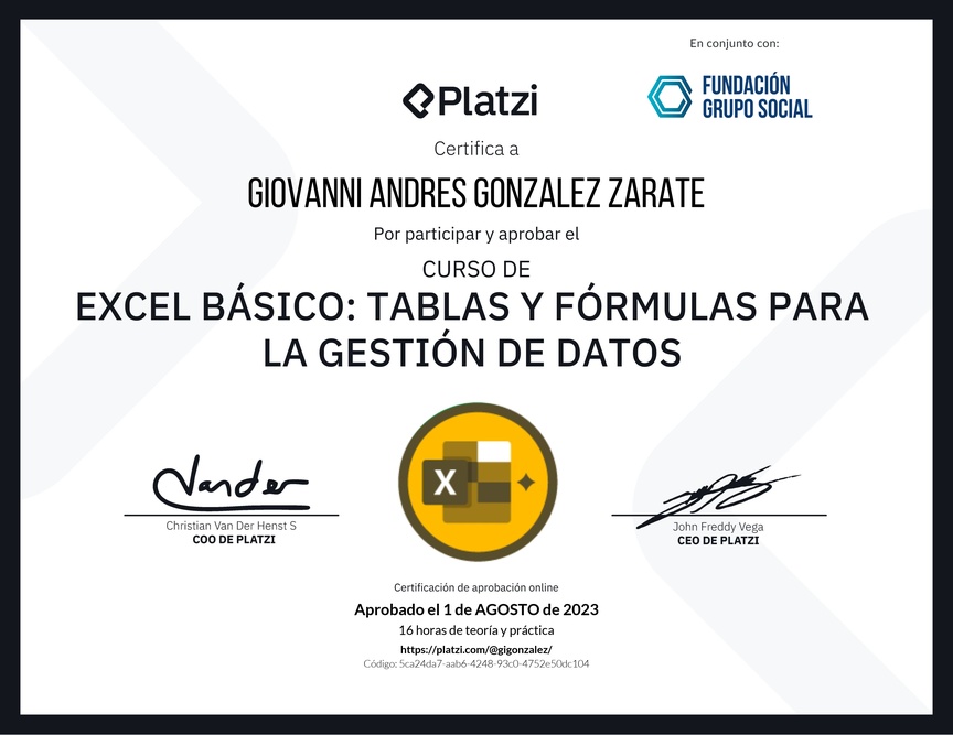 Diploma del Curso de Excel Básico: Tablas y Fórmulas para la Gestión de Datos