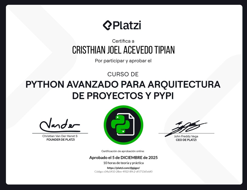 Diploma del Curso de Python Avanzado para Arquitectura de Proyectos y PyPI