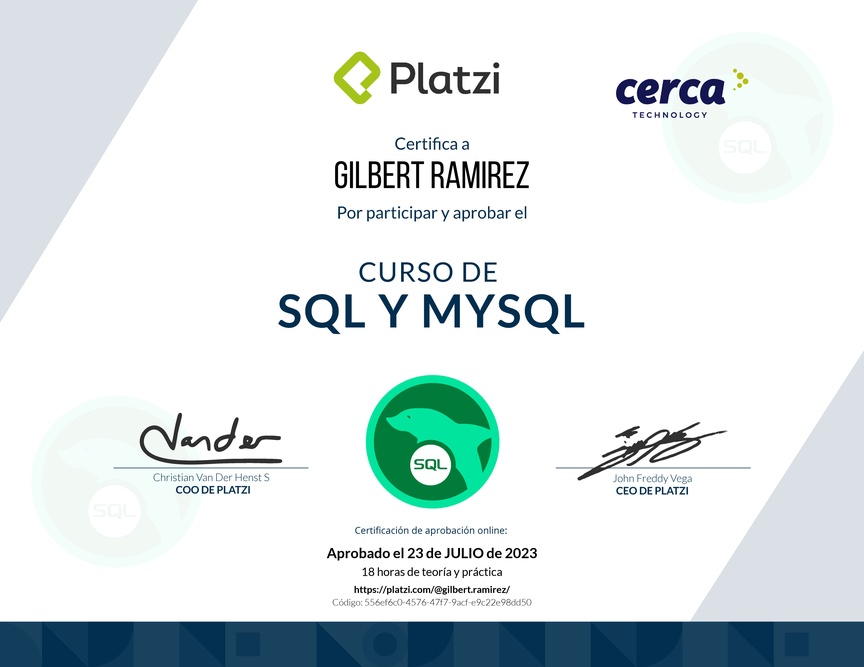 Diploma del Curso de SQL y MySQL 2018