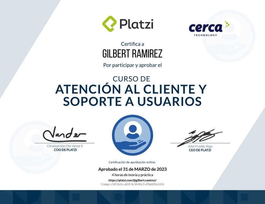 Diploma del Curso de Servicio al Cliente y Soporte a Usuarios