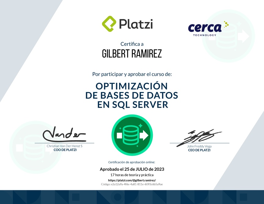 Diploma del Curso de Optimización de Bases de Datos en SQL Server