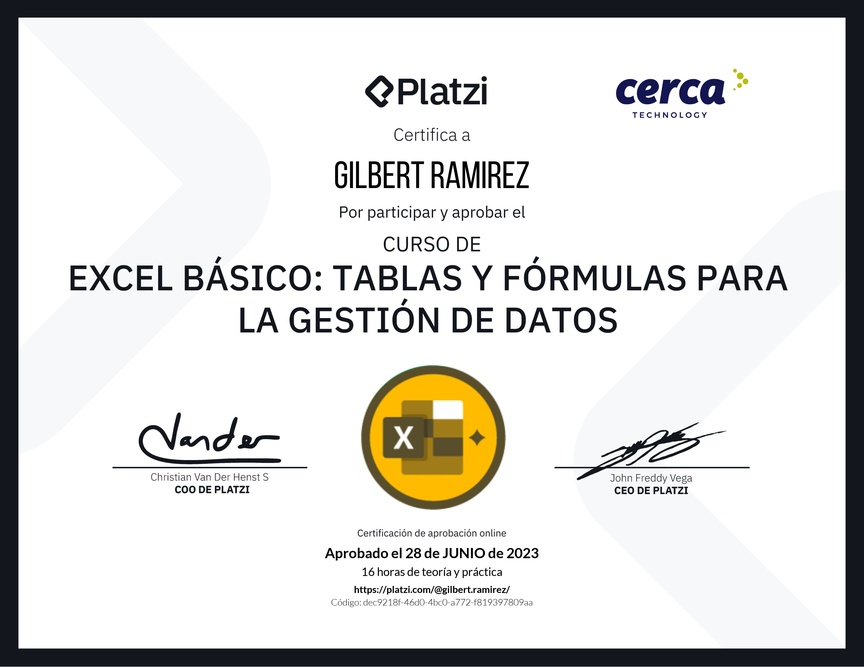 Diploma del Curso de Excel Básico: Tablas y Fórmulas para la Gestión de Datos