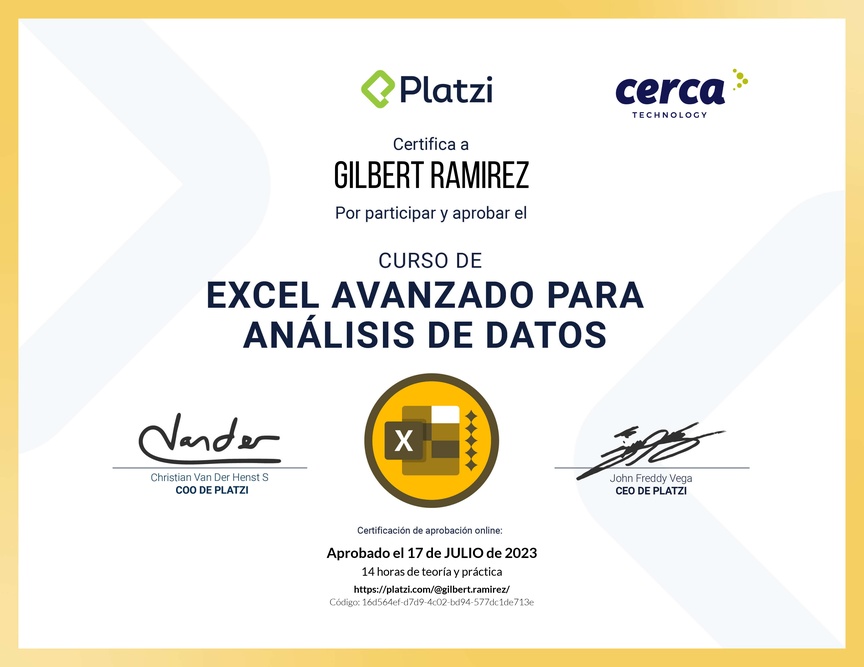 Diploma del Curso de Excel Avanzado para Análisis de Datos