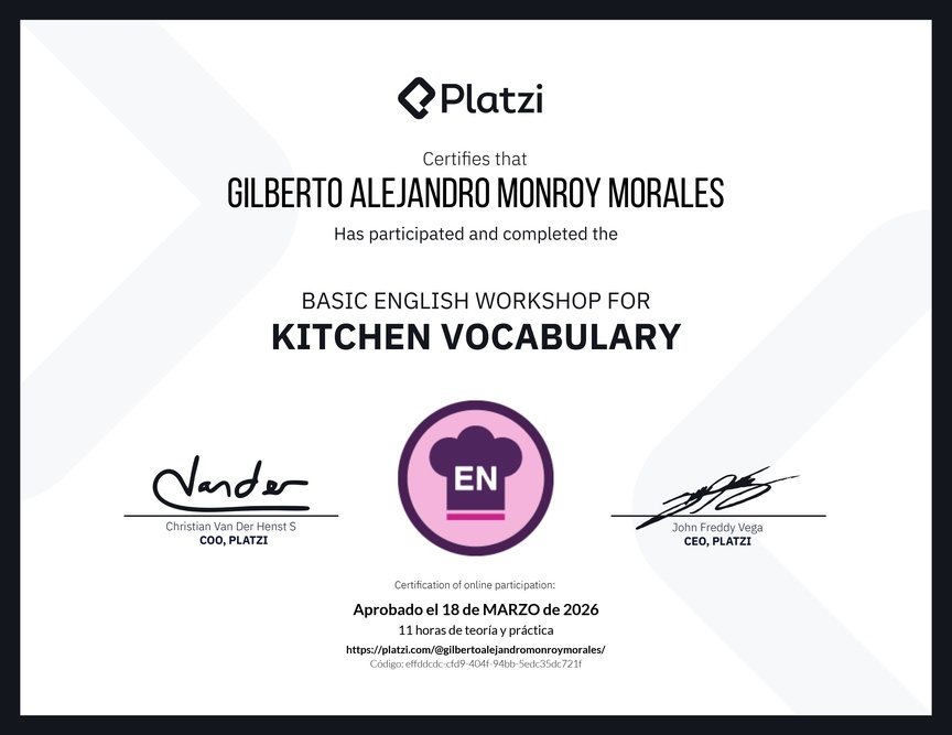 Diploma del Curso de Inglés Práctico sobre Vocabulario de Cocina